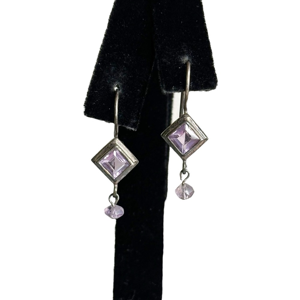 Vintage 925 Sterling Silver Amethyst Gemstone Dangle Earrings